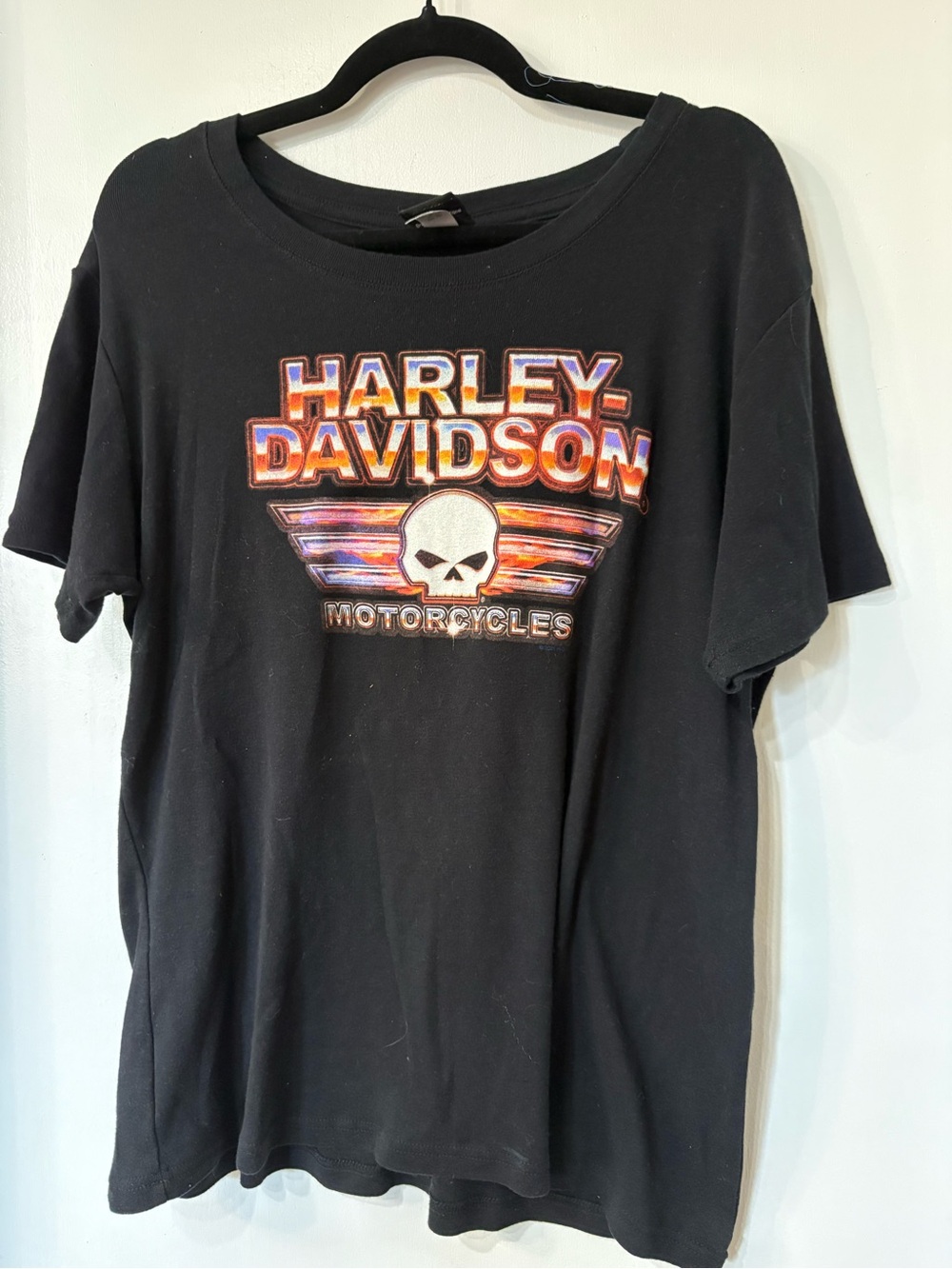 Harley-Davidson Black Tee with Orange and Purple Skull Logo